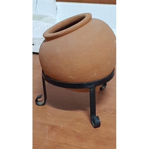 378 - Small Clay Pot and Metal Stand.  (2)