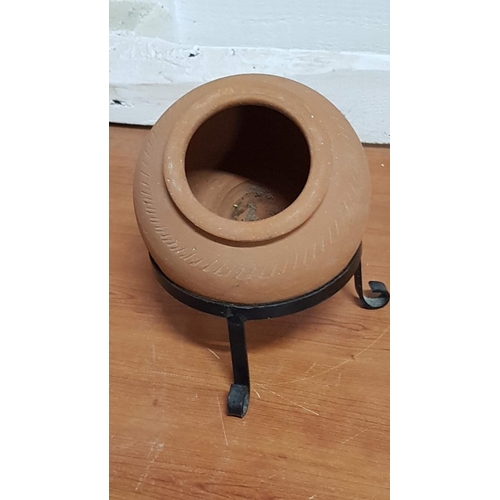 378 - Small Clay Pot and Metal Stand.  (2)