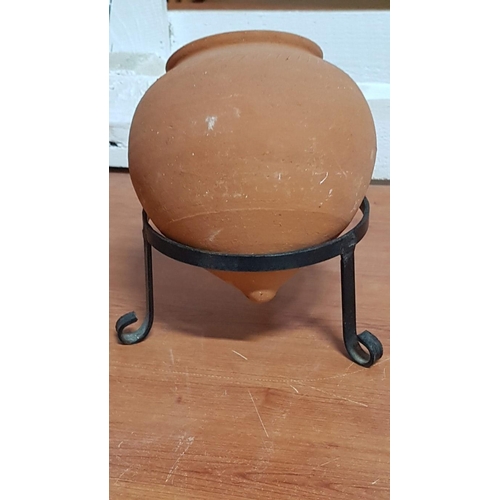 378 - Small Clay Pot and Metal Stand.  (2)