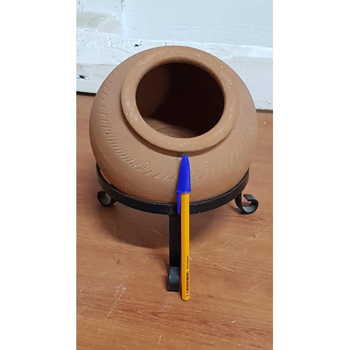 378 - Small Clay Pot and Metal Stand.  (2)