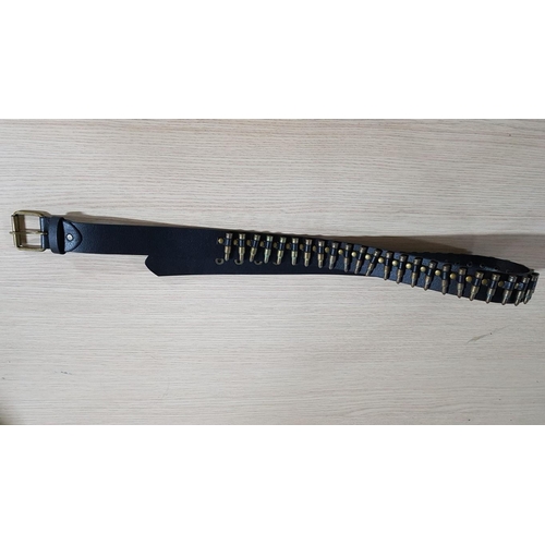 381 - Funky Black Leather Belt Decorated with Brass Bullets (L:120cm) and Stylish 'Legends Never Die' Smal... 