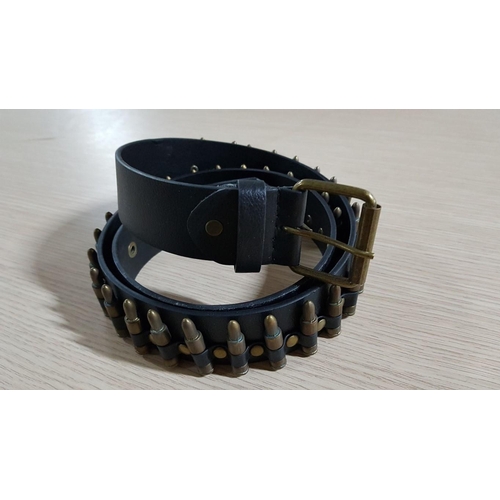 381 - Funky Black Leather Belt Decorated with Brass Bullets (L:120cm) and Stylish 'Legends Never Die' Smal... 