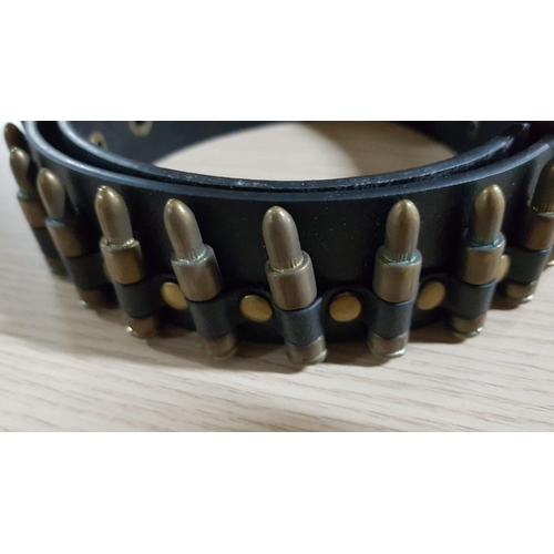 381 - Funky Black Leather Belt Decorated with Brass Bullets (L:120cm) and Stylish 'Legends Never Die' Smal... 