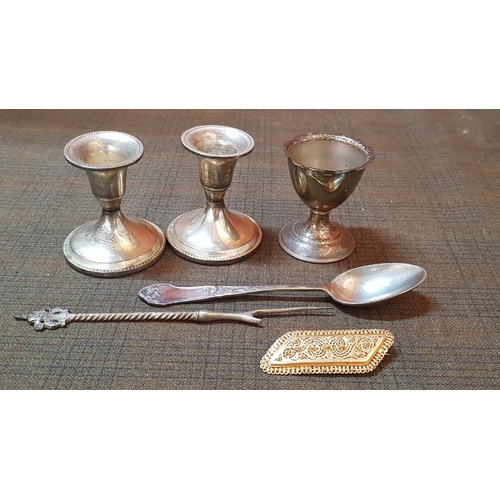 386 - Vintage Style Tableware: Pair of Small Candle Sticks, Egg Holder, Brooch, Tea Poon and Cake Fork, A/... 