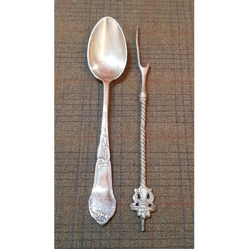 386 - Vintage Style Tableware: Pair of Small Candle Sticks, Egg Holder, Brooch, Tea Poon and Cake Fork, A/... 