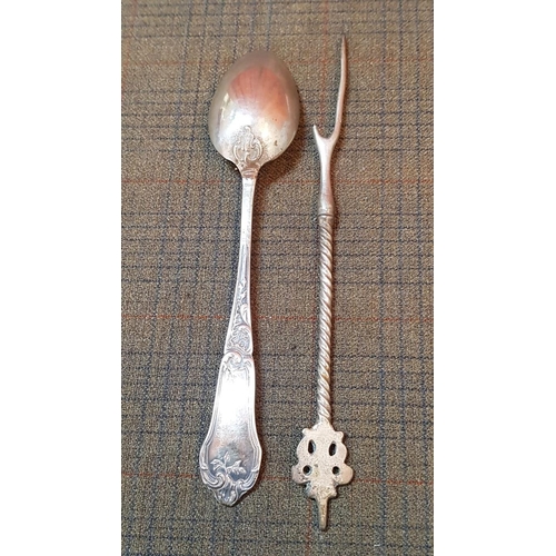 386 - Vintage Style Tableware: Pair of Small Candle Sticks, Egg Holder, Brooch, Tea Poon and Cake Fork, A/... 