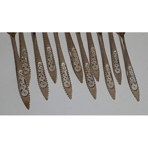 390 - Set of 11x Silver 800 Cypriot Filigree Design (Lefkara Style) Dessert Forks, Approx. 121g.