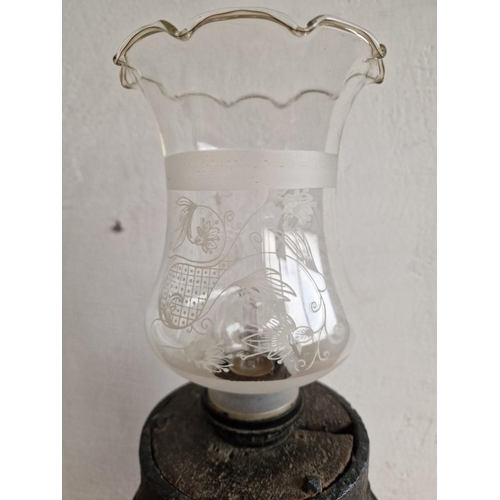 24 - Vintage Solid Wood Lamp Base with Metal Banding, Together with Decorative 'Oil Lamp Style' Loose Gla... 