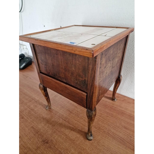 25 - Vintage Wooden Sewing Box with Tiled Hinged Lift-Up Top and Green Fabric Liner, Over Drawer and Cabr... 