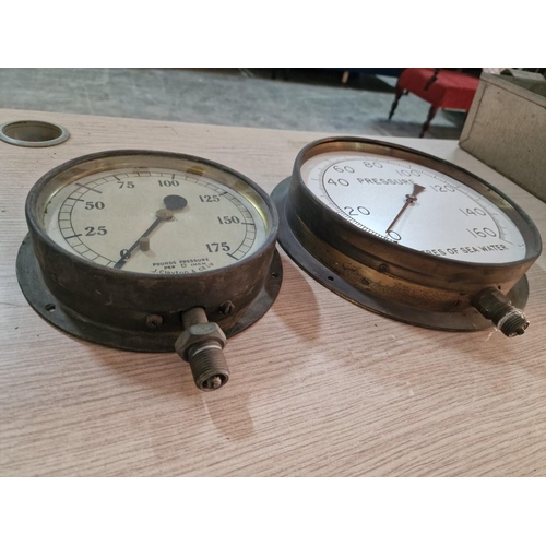 52 - 2 x Vintage Brass Pressure Gauges; 'J. Clayton & Co Ltd, Nottingham, UK' and 'Metres of Sea Water', ... 