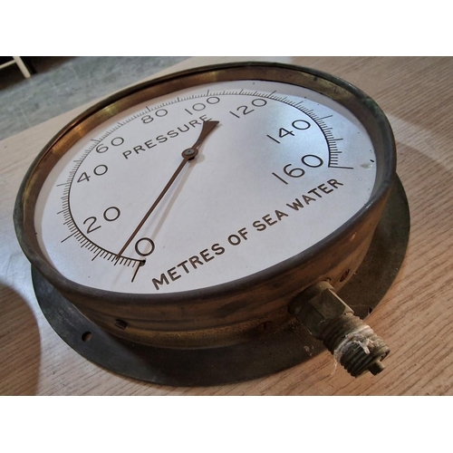 52 - 2 x Vintage Brass Pressure Gauges; 'J. Clayton & Co Ltd, Nottingham, UK' and 'Metres of Sea Water', ... 