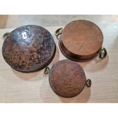 58 - 3 x Vintage Round Copper Pans, Two with Twin Brass Handles, (Approx. Max Ø: 33cm), (3)