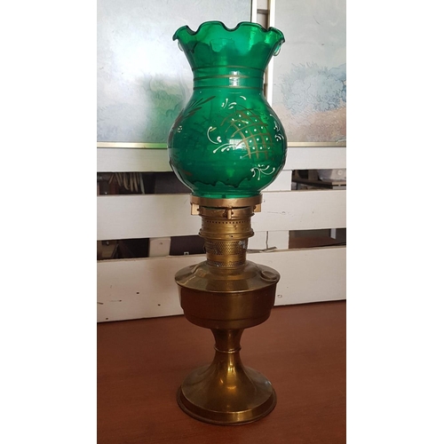 20 - Vintage 'Aladdin' Oil Lamp, Brass and Green Lampshade, Made in England, H: 53cm. Untested, A/F.