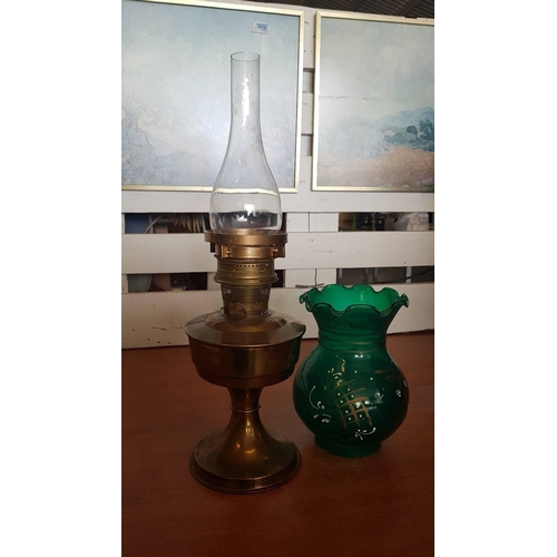 20 - Vintage 'Aladdin' Oil Lamp, Brass and Green Lampshade, Made in England, H: 53cm. Untested, A/F.