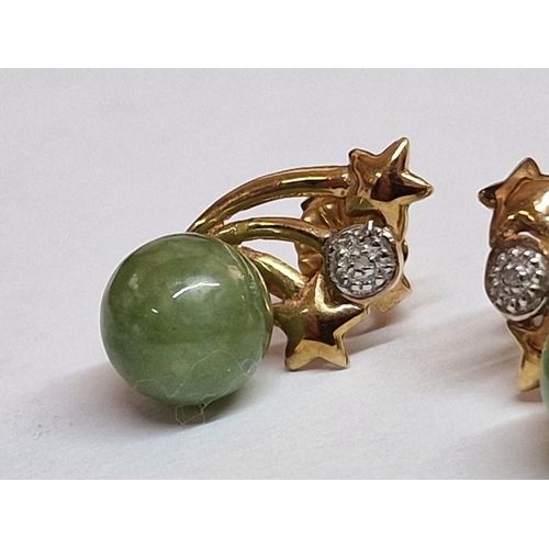 19 - Pair of 9ct Gold Earrings with 'Jade'(?) Spheres and 3 x Arms with Two Stars and One White Gold / Cl... 