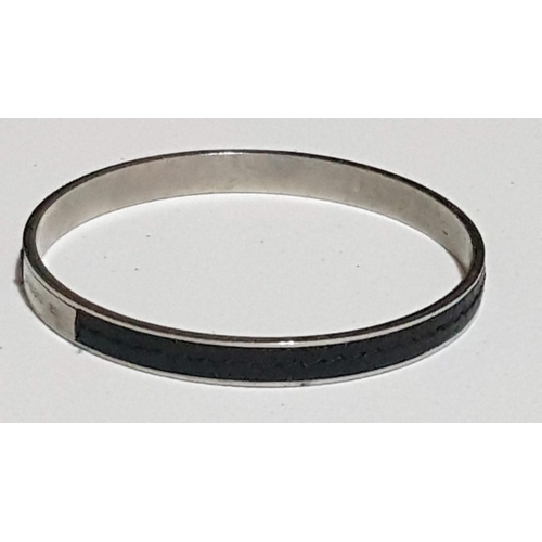 227 - 'Dyrberg/Kern' Stainless Steel/ Black Leather, Unisex Cuff Bangles Bracelet, Approx. 16.9g and Ø: 7c... 