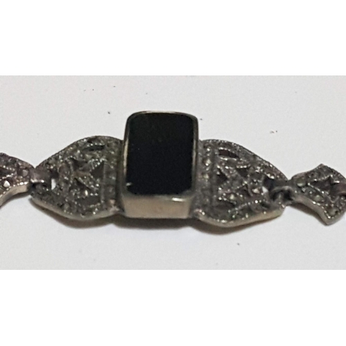 229 - Antique Silver 925 Middle Eastern Bracelet with Large Black Center Stone and Decorated with Quantity... 