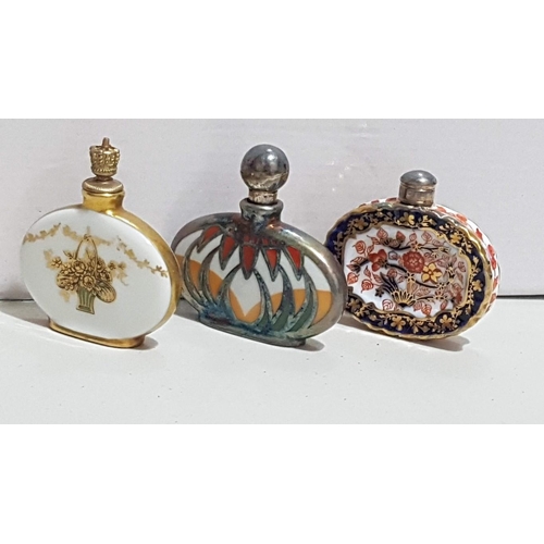 232 - Art Deco Perfume Flacons, Porcelain Polychrome Decoration, Oval-Fluted Form, Gold and Silver Tone St... 