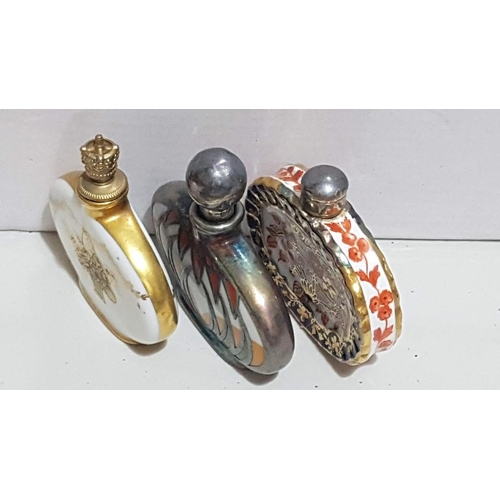 232 - Art Deco Perfume Flacons, Porcelain Polychrome Decoration, Oval-Fluted Form, Gold and Silver Tone St... 