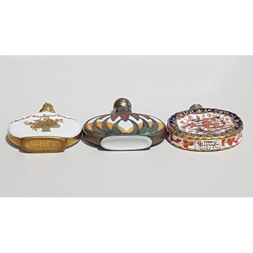 232 - Art Deco Perfume Flacons, Porcelain Polychrome Decoration, Oval-Fluted Form, Gold and Silver Tone St... 