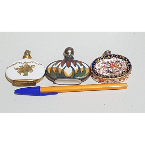 232 - Art Deco Perfume Flacons, Porcelain Polychrome Decoration, Oval-Fluted Form, Gold and Silver Tone St... 