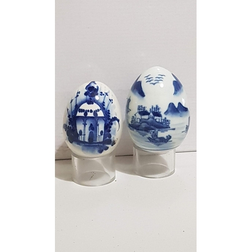 63 - Vintage Blue and White Collectable Porcelain Eggs, Chinese Traditional Landscape Scene (Approx. H: 8... 