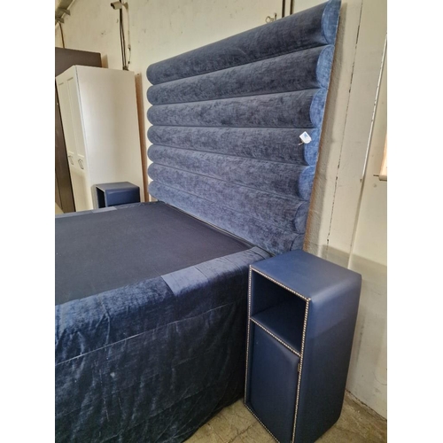 6 - Bedroom Set; Double Bed with Very Tall Padded Blue Fabric Head Board, Twin Bases with Blue Vinyl Sur... 