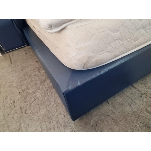 6 - Bedroom Set; Double Bed with Very Tall Padded Blue Fabric Head Board, Twin Bases with Blue Vinyl Sur... 