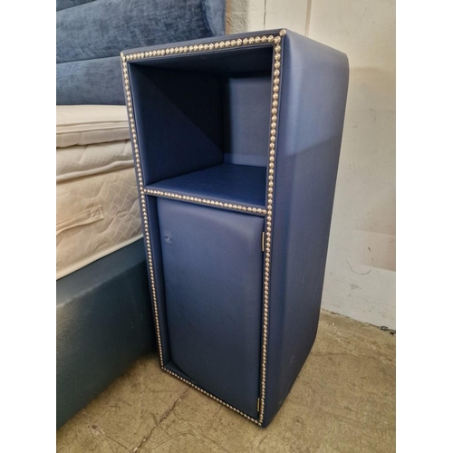 6 - Bedroom Set; Double Bed with Very Tall Padded Blue Fabric Head Board, Twin Bases with Blue Vinyl Sur... 