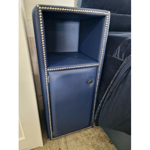 6 - Bedroom Set; Double Bed with Very Tall Padded Blue Fabric Head Board, Twin Bases with Blue Vinyl Sur... 