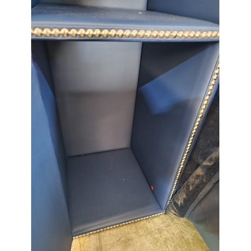 6 - Bedroom Set; Double Bed with Very Tall Padded Blue Fabric Head Board, Twin Bases with Blue Vinyl Sur... 