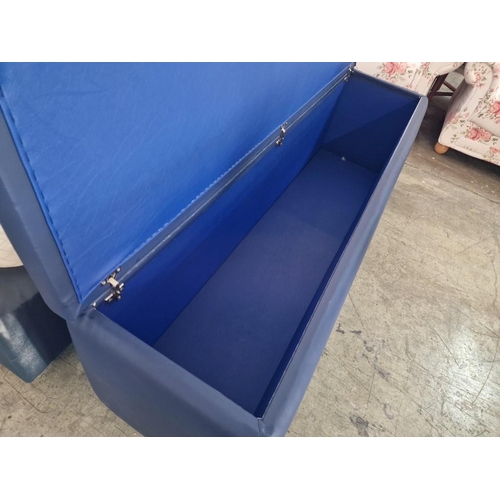 6 - Bedroom Set; Double Bed with Very Tall Padded Blue Fabric Head Board, Twin Bases with Blue Vinyl Sur... 