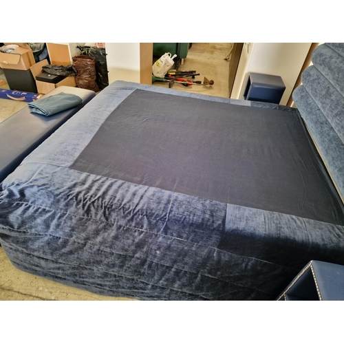 6 - Bedroom Set; Double Bed with Very Tall Padded Blue Fabric Head Board, Twin Bases with Blue Vinyl Sur... 