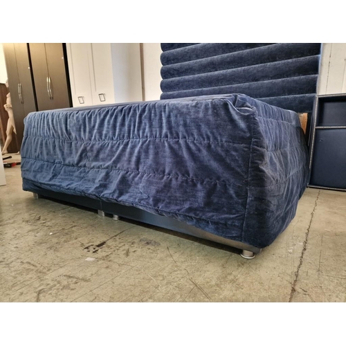 6 - Bedroom Set; Double Bed with Very Tall Padded Blue Fabric Head Board, Twin Bases with Blue Vinyl Sur... 