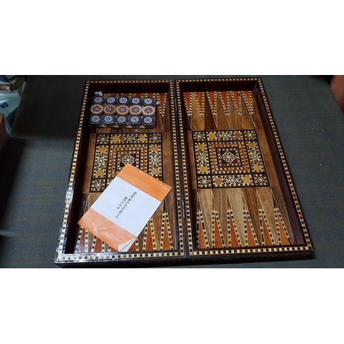 4 - Middle Eastern High Quality Backgammon, Hand Made Wooden, Mosaic Inlay, Foldable with Mosaic Pieces ... 