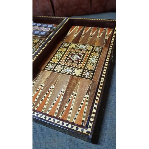 4 - Middle Eastern High Quality Backgammon, Hand Made Wooden, Mosaic Inlay, Foldable with Mosaic Pieces ... 