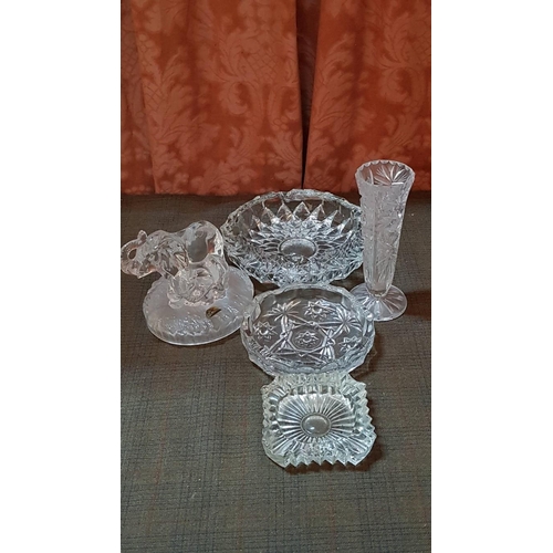 562 - Assorted Retro Collection of Glassware: Elephant Sculpture. Small Vase with Bohemia Pattern and 3x D... 