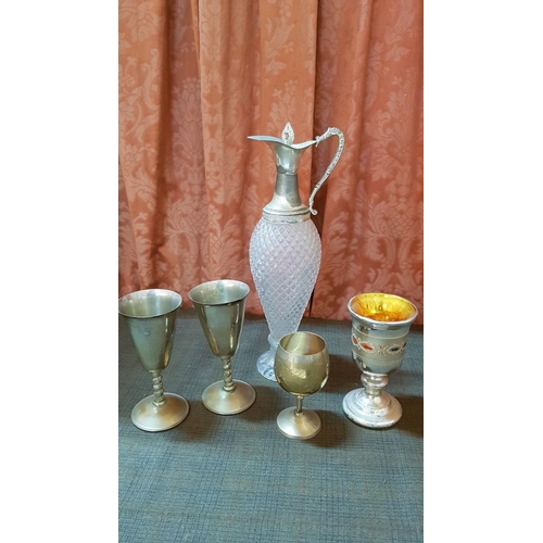 565 - Vintage Style Tableware: 4x Different Goblets and Handle Collar Spout & Pedestal Decanter. x5