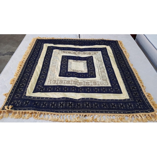 685 - Oriental Style Double Sided Table Cloth with Gold Fringes; Gold Tone / Gold and Navy Blue Geometric ... 