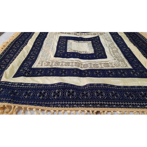 685 - Oriental Style Double Sided Table Cloth with Gold Fringes; Gold Tone / Gold and Navy Blue Geometric ... 