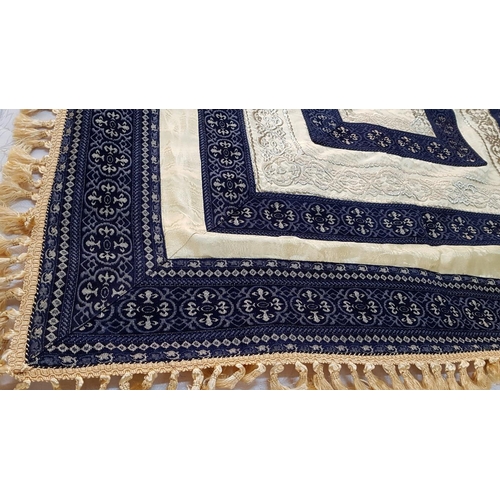 685 - Oriental Style Double Sided Table Cloth with Gold Fringes; Gold Tone / Gold and Navy Blue Geometric ... 