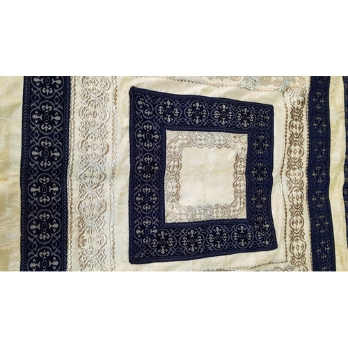 685 - Oriental Style Double Sided Table Cloth with Gold Fringes; Gold Tone / Gold and Navy Blue Geometric ... 