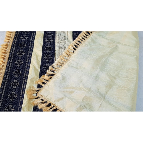 685 - Oriental Style Double Sided Table Cloth with Gold Fringes; Gold Tone / Gold and Navy Blue Geometric ... 