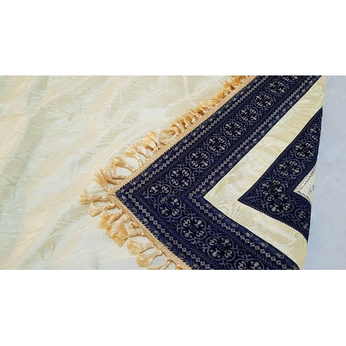 685 - Oriental Style Double Sided Table Cloth with Gold Fringes; Gold Tone / Gold and Navy Blue Geometric ... 