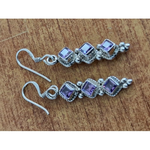 266 - Pair of Sterling Silver Dangling Earrings, each with 3 x Amethyst Stones in Decorative Setting, Toge... 