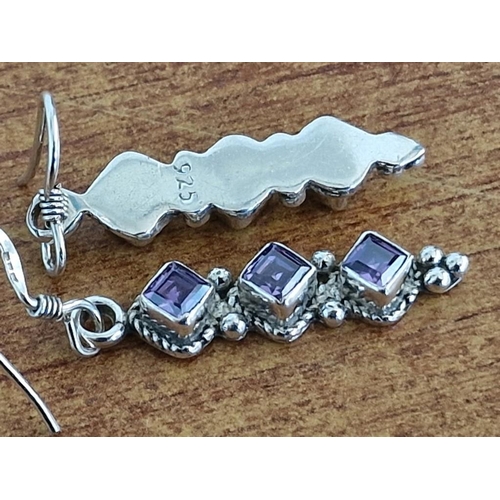 266 - Pair of Sterling Silver Dangling Earrings, each with 3 x Amethyst Stones in Decorative Setting, Toge... 