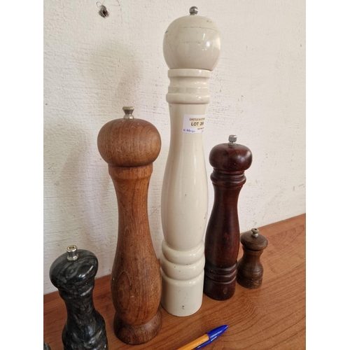 269 - Collection of 6 x Salt & Pepper Grinders; Incl. a Marble Pair, Wooden Ones and White Finish Other (A... 