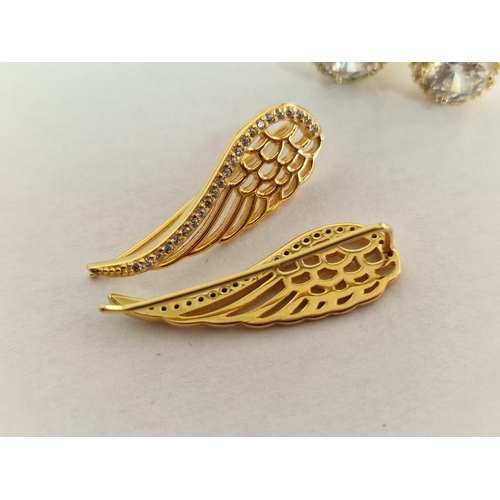 274 - 2 x Pairs of Gold Plated Silver Earrings with Clear Stones; Wing Shaped and Round Cluster, (2)