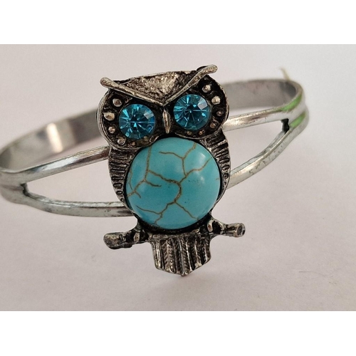 275 - Decorative White Metal Owl Bangle Bracelet with Turquoise Colour Stone Body and Crystal Eyes, Togeth... 