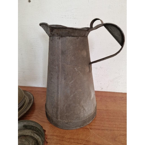 92 - Large Vintage Galvanised Metal Jug, (Approx. H: 31cm), Together with Round Plate with Dome Cover and... 